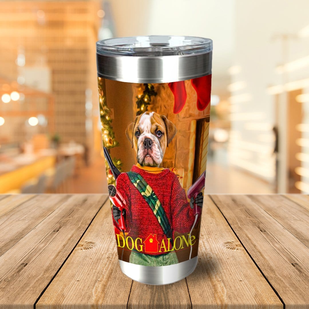 Personalized stainless steel tumbler with a bulldog in a "Dog Alone" holiday portrait.