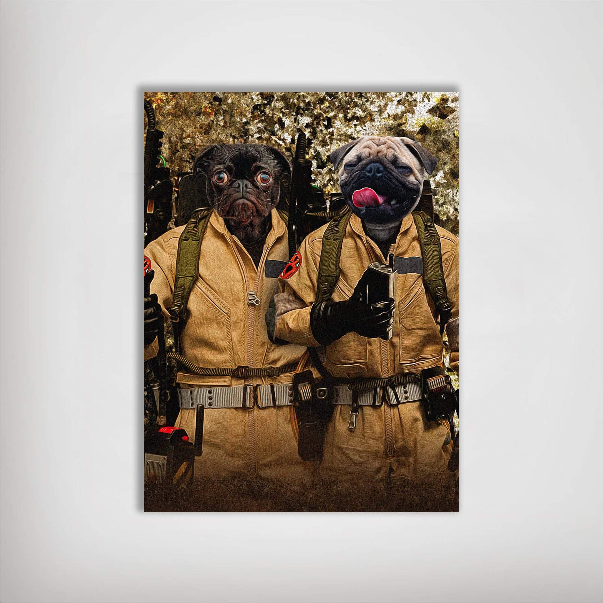 Personalized 'Dog Busters' poster featuring two pets in tan Ghostbusters uniforms with proton packs.