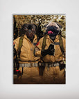Personalized 'Dog Busters' poster featuring two pets in tan Ghostbusters uniforms with proton packs.