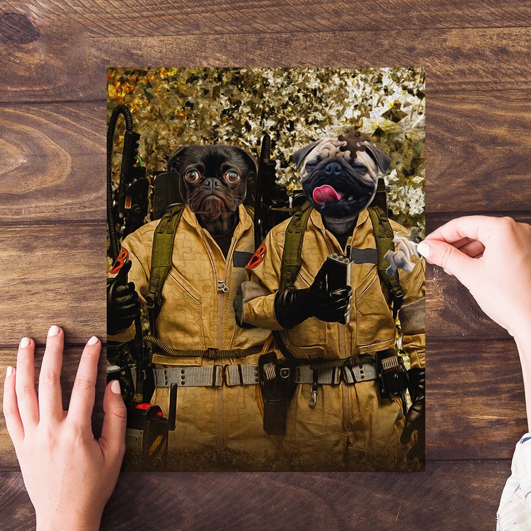 Personalized 2-pet puzzle featuring two pugs in Ghostbusters costumes on a wooden table.