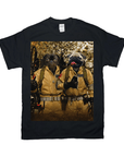 Black Gildan t-shirt featuring two pugs in tan Ghostbusters costumes with proton packs.
