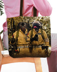 Personalized 'Dog Busters' tote bag featuring two pug pet portraits in Ghostbusters uniforms.