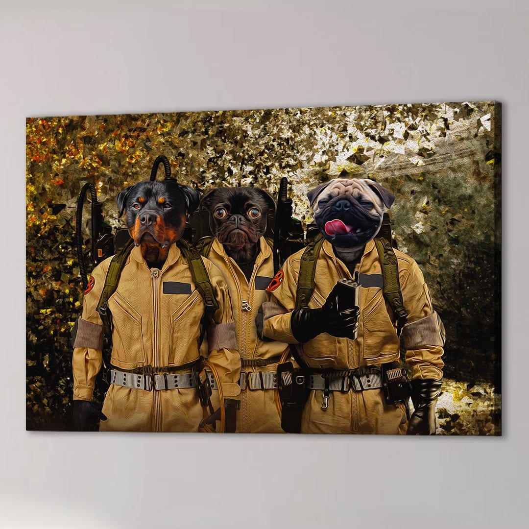 Three dogs (Rottweiler, French Bulldog, Pug) in tan Ghostbusters uniforms on a custom canvas.