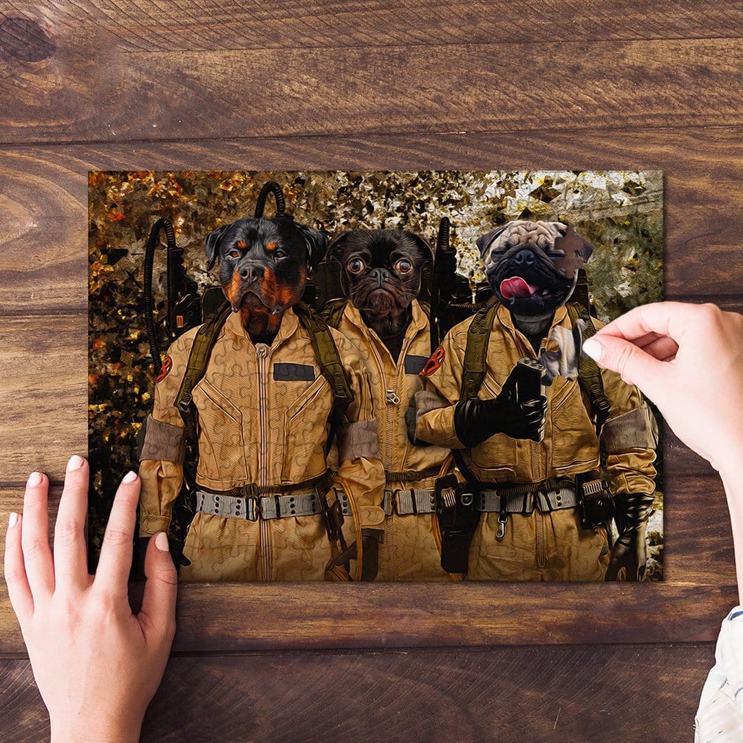 Personalized 3 pet puzzle featuring a Rottweiler and two Pugs in 'Dog Busters' costumes.
