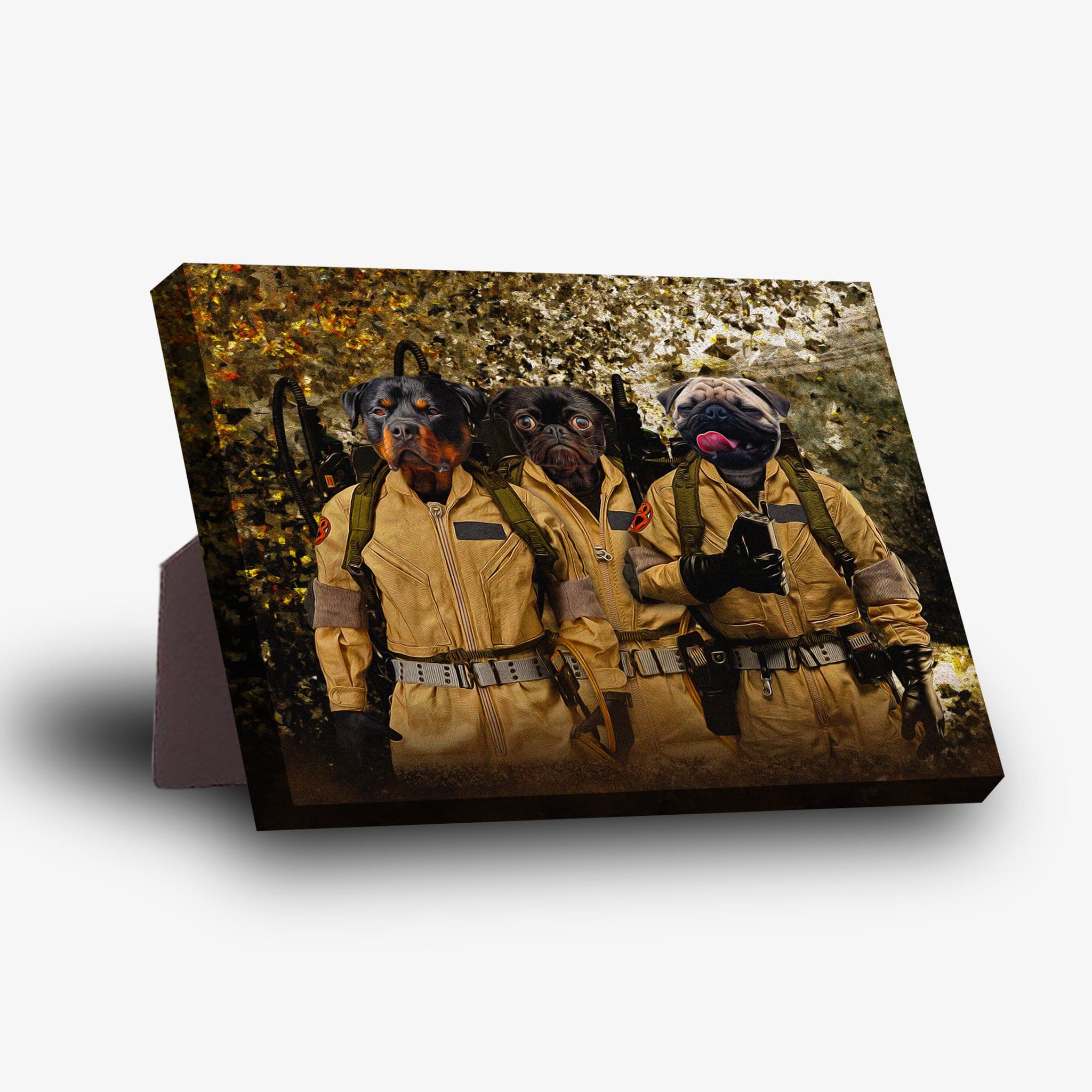 Personalized Dog Busters standing canvas featuring three pets in tan Ghostbusters uniforms with proton packs.