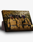 Personalized Dog Busters standing canvas featuring three pets in tan Ghostbusters uniforms with proton packs.