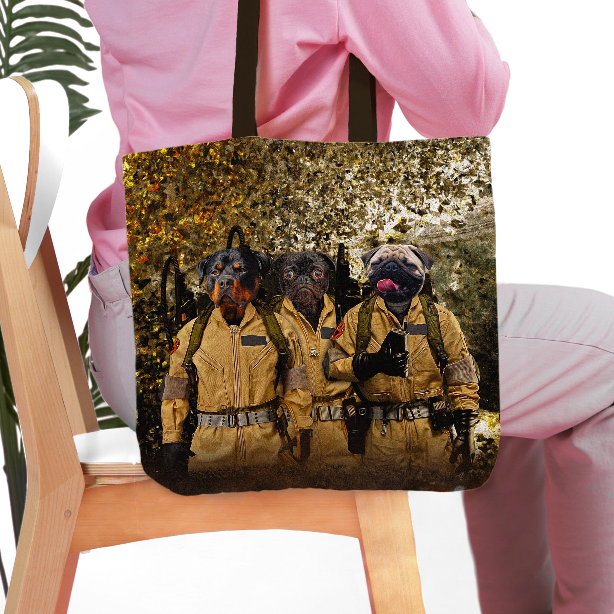 Personalized 'Dog Busters' pet portrait tote bag featuring three dogs in Ghostbusters uniforms.