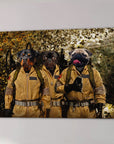 Personalized 'Dog Busters' canvas featuring three pets in tan Ghostbusters uniforms with proton packs.