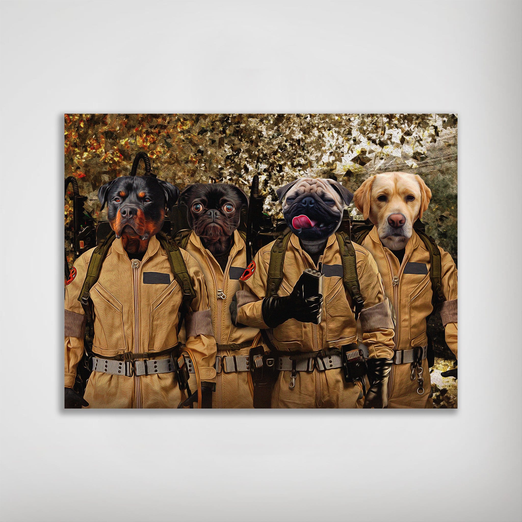 Personalized 'Dog Busters' poster featuring four pets in tan Ghostbusters uniforms with proton packs.