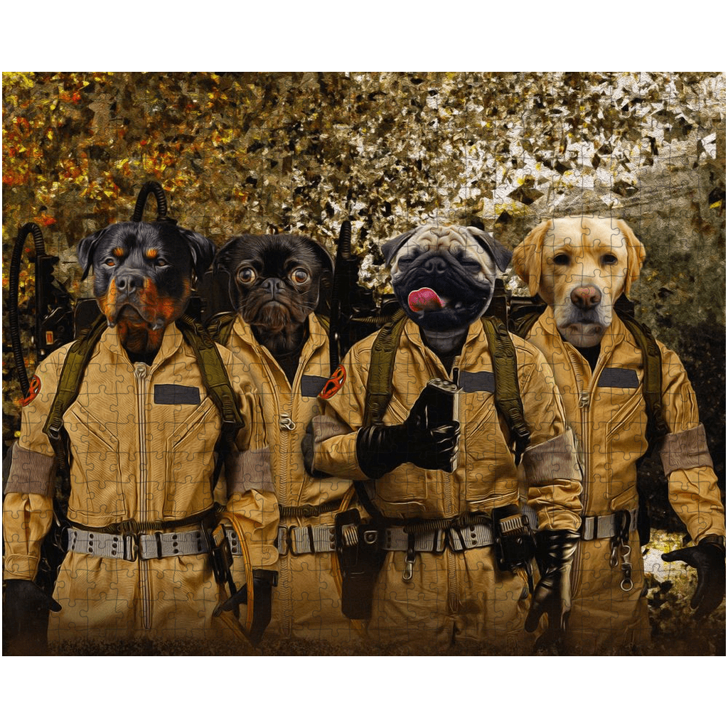 Custom 4-pet puzzle featuring dogs in "Dog Busters" style, wearing tan jumpsuits.