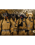 Personalized 'Dog Busters' standing canvas featuring four pets in tan Ghostbusters suits against a leafy background.