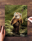 Personalized Dog-E-Wok pet portrait puzzle with a dog's face on an Ewok body, on a wooden table.