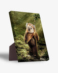 Personalized pet standing canvas featuring a dog dressed as an Ewok in a forest setting.