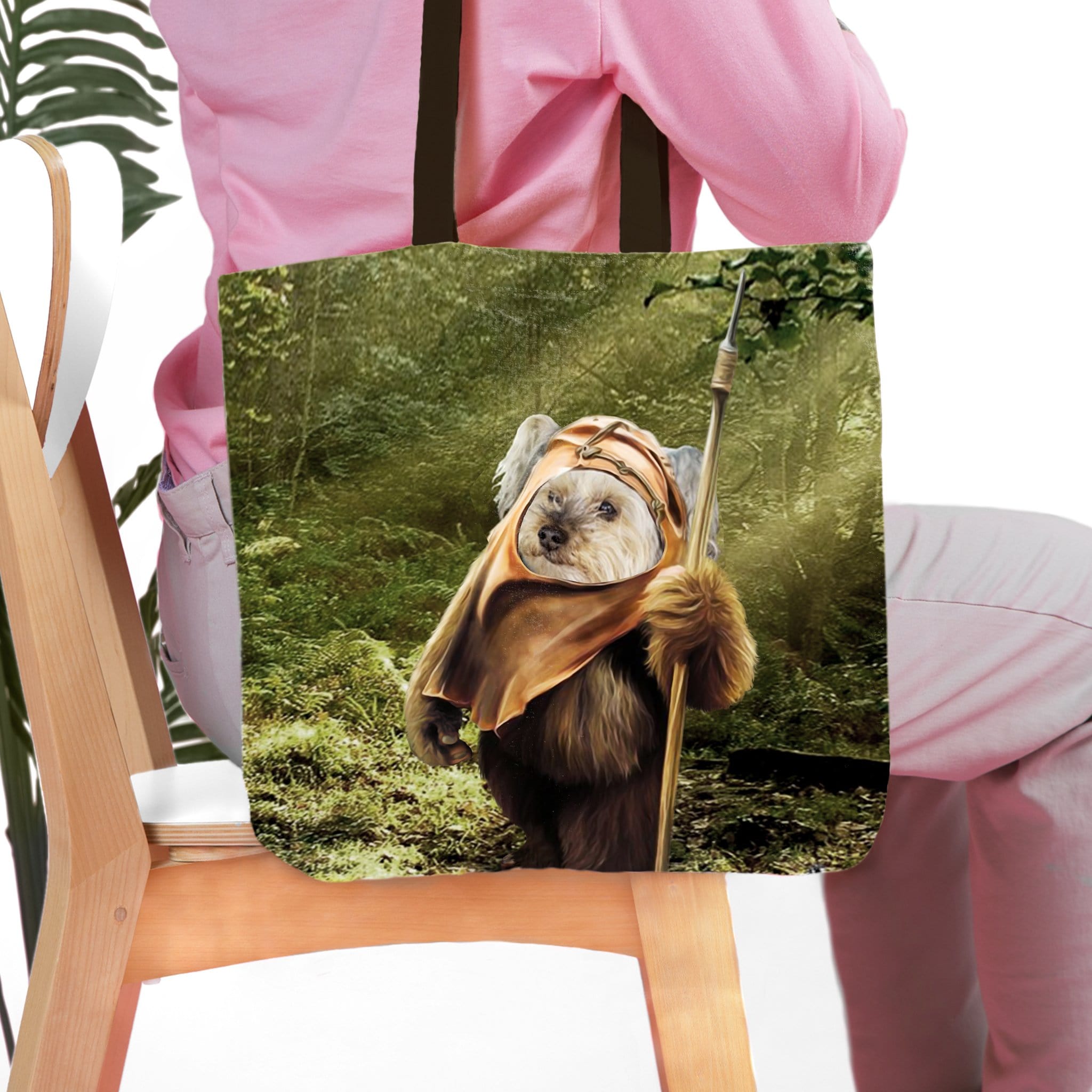 Personalized 'Dog-E-Wok' tote bag featuring a custom pet portrait of a dog dressed as an Ewok.