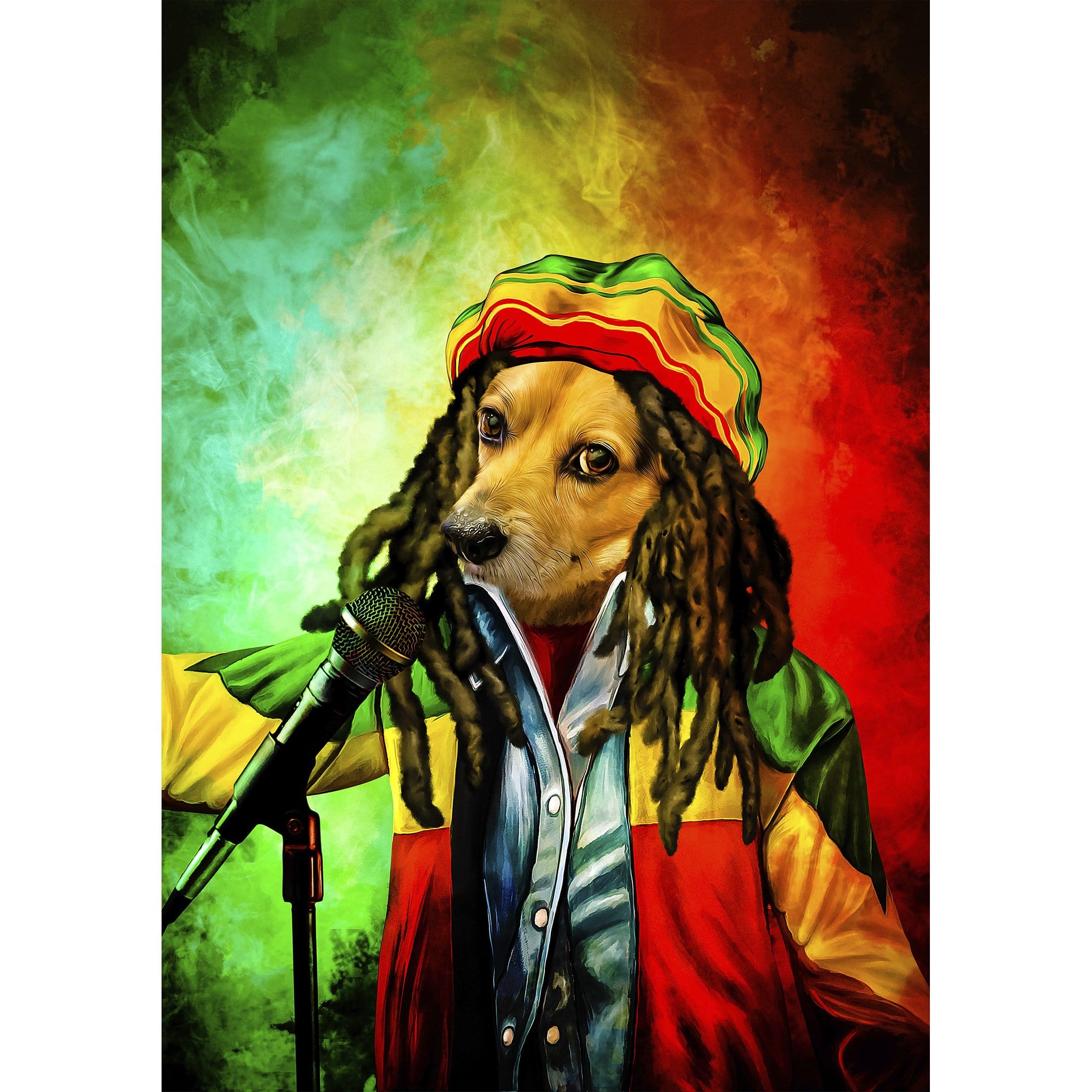 Custom digital portrait of a dog as Bob Marley, wearing a rasta hat and dreadlocks, holding a microphone.