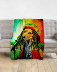 Personalized Dog Marley pet portrait blanket with a dog wearing dreadlocks and a Rasta hat, holding a microphone.