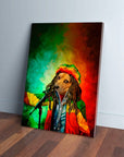 Personalized pet canvas featuring a dog as "Dog Marley" with dreadlocks, a Rasta hat, and microphone on a vibrant red and green background.