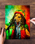 Personalized Dog Marley style pet portrait puzzle with a reggae background.