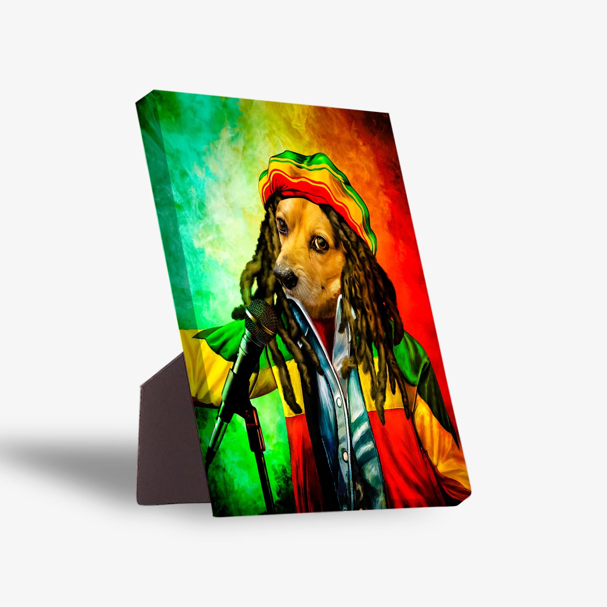 Personalized 'Dog Marley' pet portrait on a standing canvas, featuring a dog in a Rasta hat and dreadlocks holding a microphone.