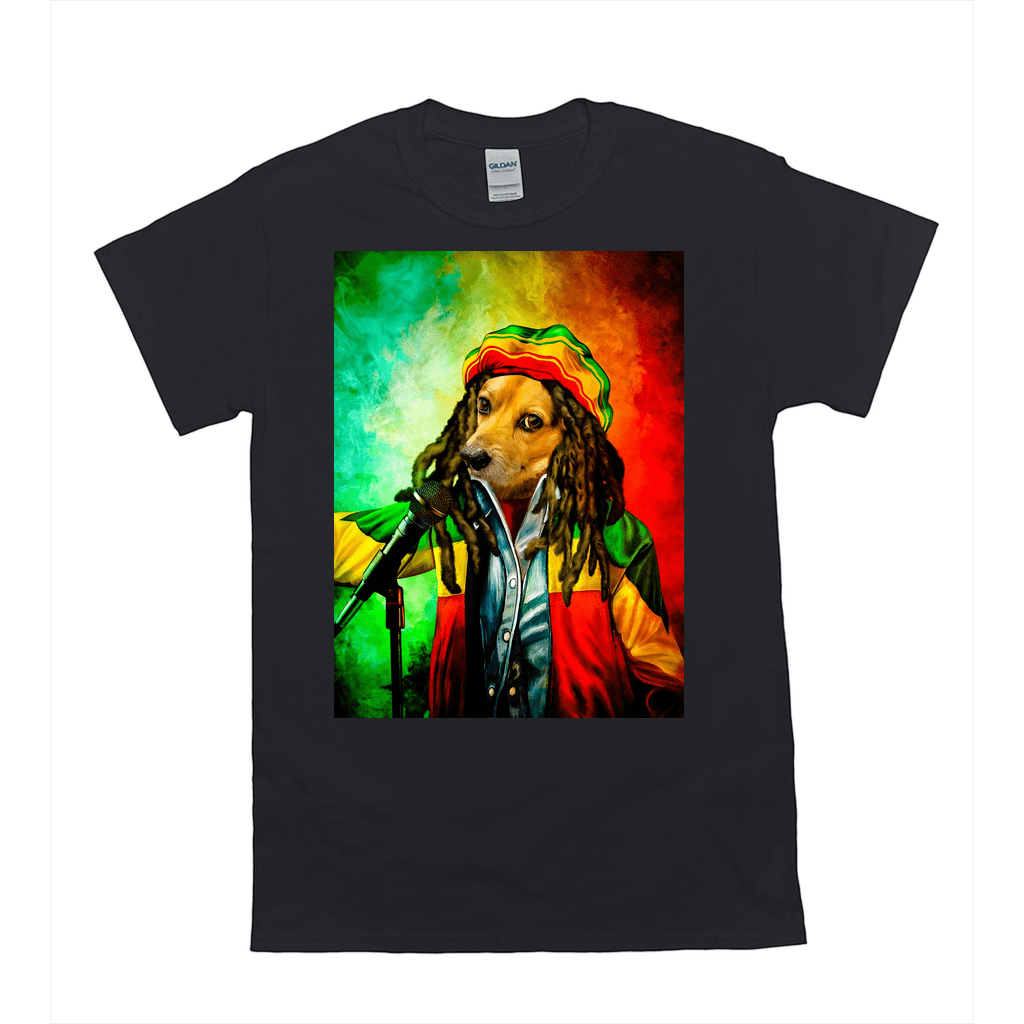 Black Gildan t-shirt with a personalized "Dog Marley" design: a dog with dreadlocks and a Rasta hat.