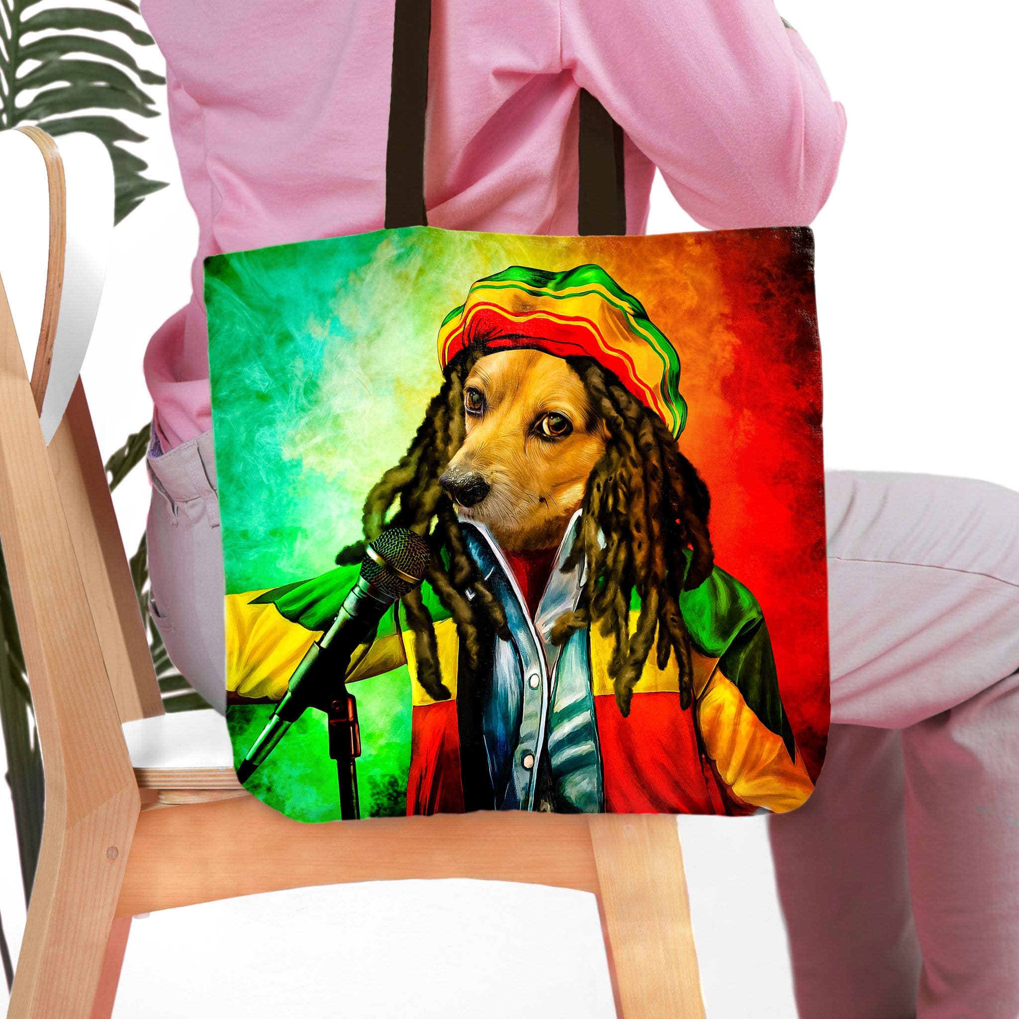 Personalized Dog Marley portrait tote bag with a dog in a Rasta hat and dreadlocks singing into a microphone.