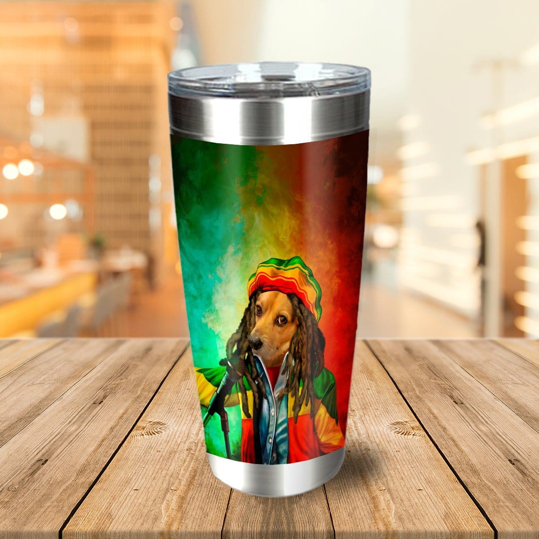 Personalized stainless steel tumbler with a custom "Dog Marley" portrait against a red, yellow, and green background.