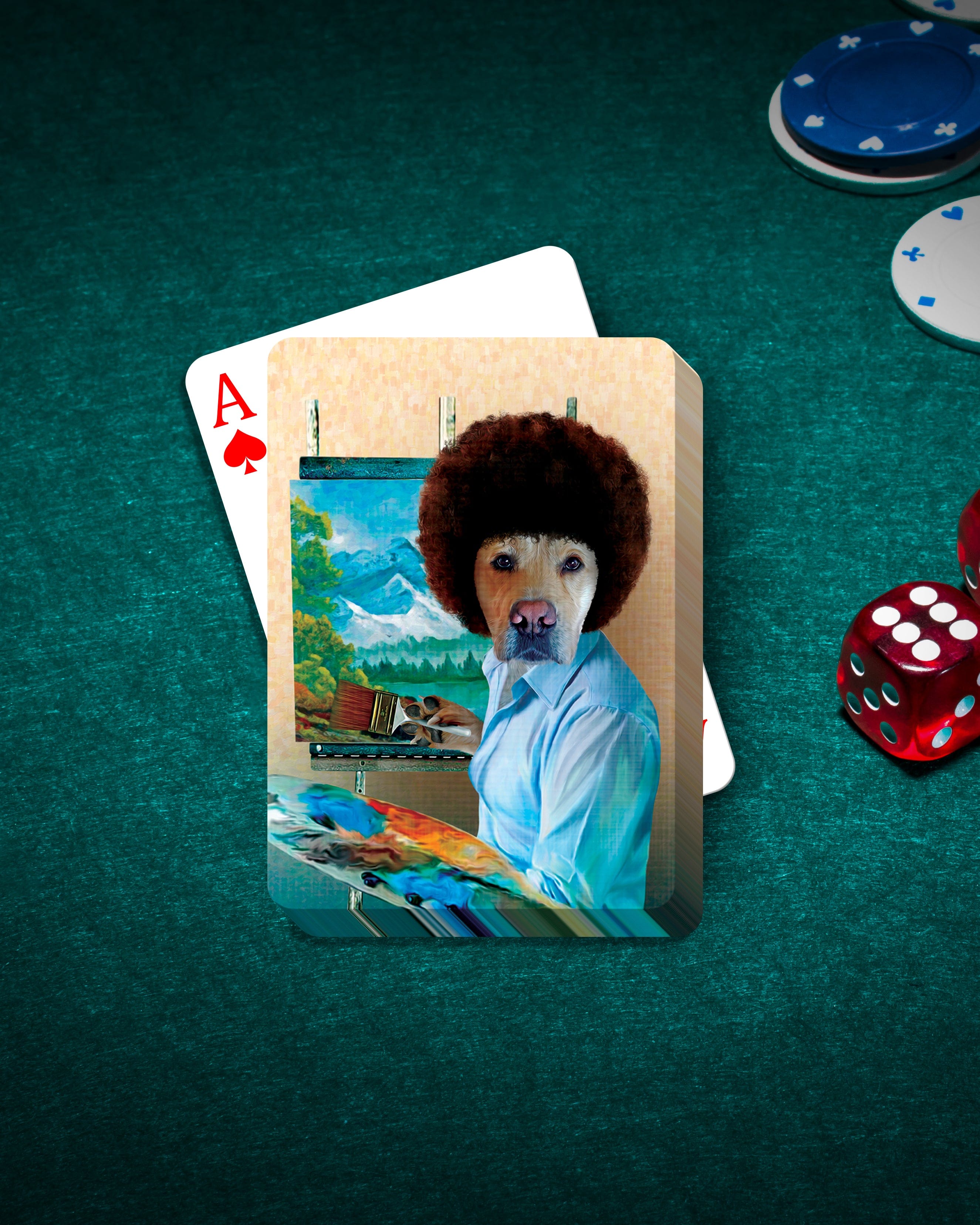 Personalized playing card featuring a custom dog portrait in a "Dog Ross" style, with poker chips and dice.