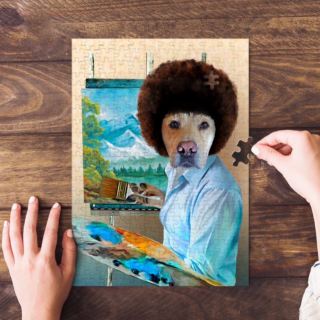Personalized Dog Ross pet puzzle with a dog's face on a painter's body, brown afro, blue shirt, and palette.