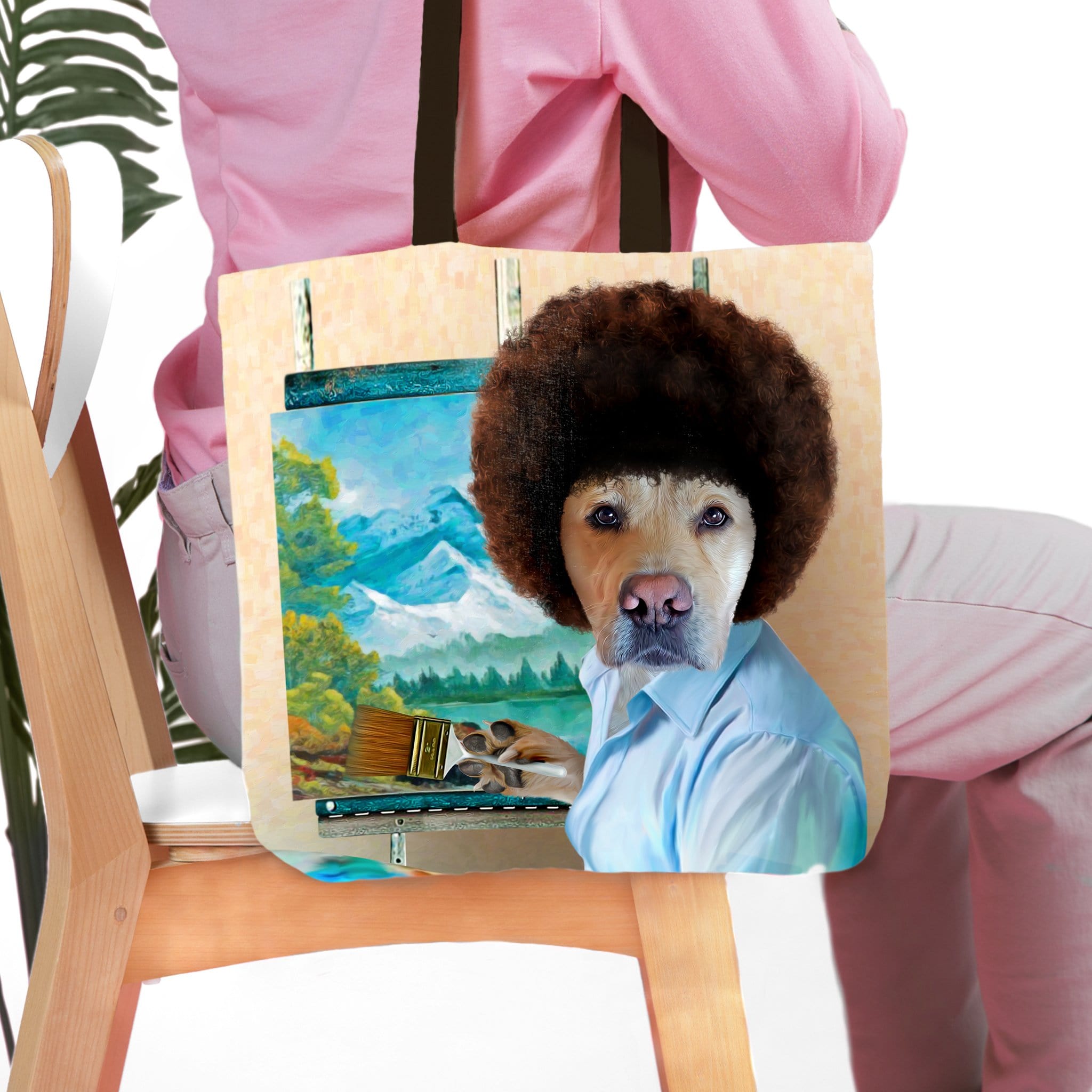 Personalized Dog Ross pet portrait tote bag with a dog in an afro wig painting a landscape.