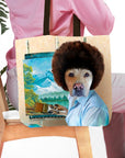 Personalized Dog Ross pet portrait tote bag with a dog in an afro wig painting a landscape.
