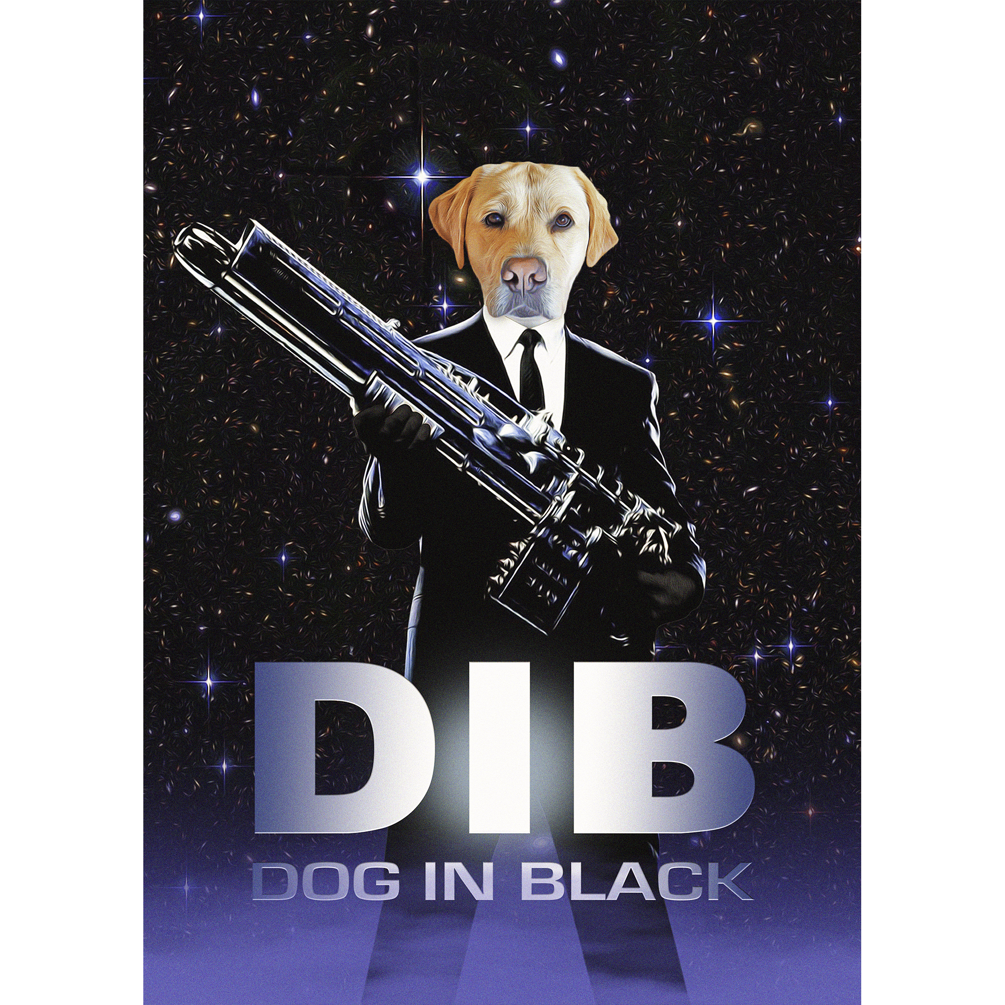 Custom digital portrait of a yellow lab dog in a black suit holding a weapon, against a starry background.