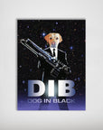 Personalized matte poster featuring a yellow lab in a black suit holding a futuristic gun against a starry background, with "DIB DOG IN BLACK" text.