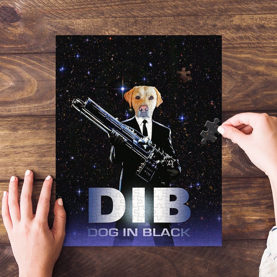 Personalized 'Dog in Black' puzzle featuring a custom pet portrait of a dog in a suit.