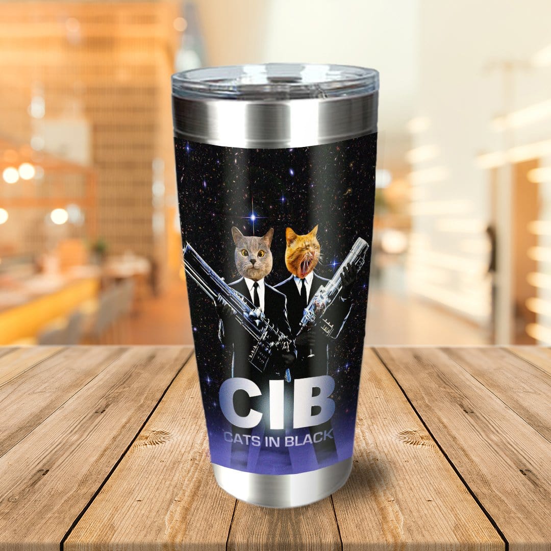 Personalized stainless steel tumbler with two cats in black suits holding guns, "CIB Cats in Black" text.