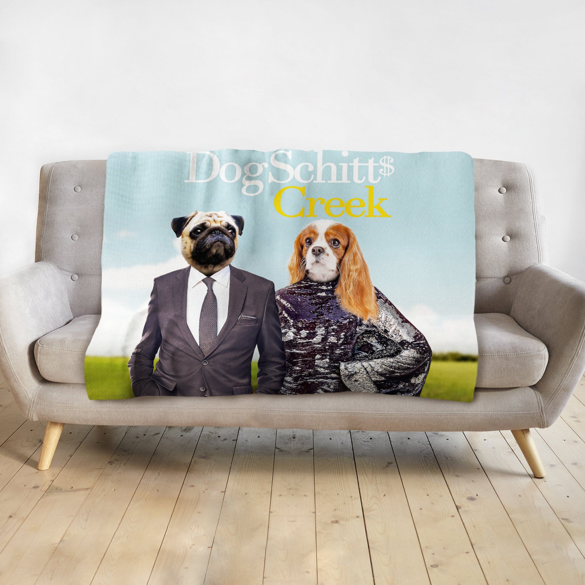 Personalized DogSchitt's Creek blanket with two custom dog portraits in suits on a couch.