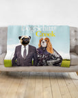 Personalized DogSchitt's Creek blanket with two custom dog portraits in suits on a couch.