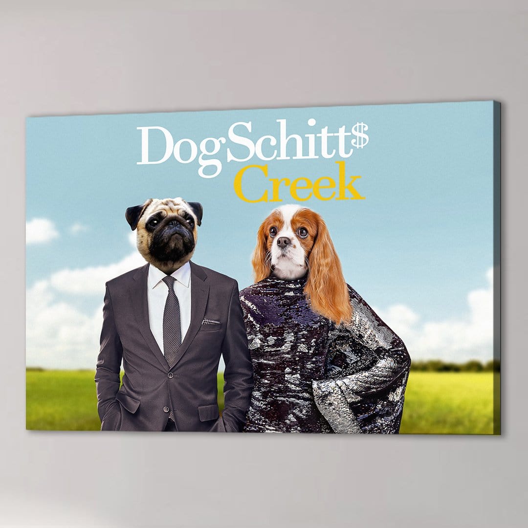 Personalized "DogSchitt's Creek" canvas featuring a pug in a suit and a Cavalier King Charles Spaniel in a sequin dress.