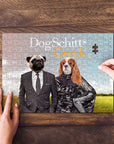 Personalized "DogSchitt's Creek" puzzle featuring a pug in a suit and a Cavalier King Charles Spaniel.