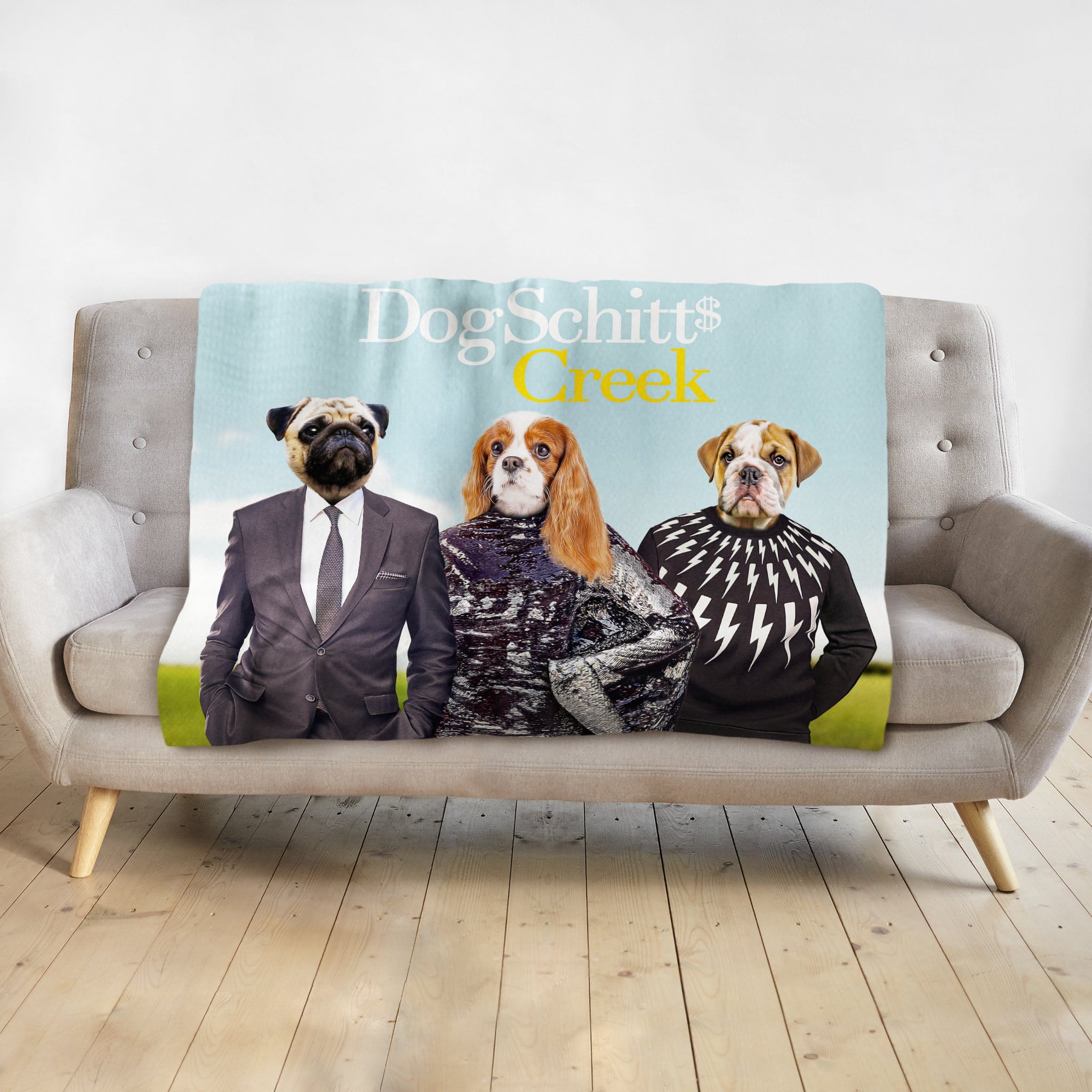 Personalized DogSchitt's Creek 3-pet portrait blanket featuring a pug, cavalier, and bulldog.
