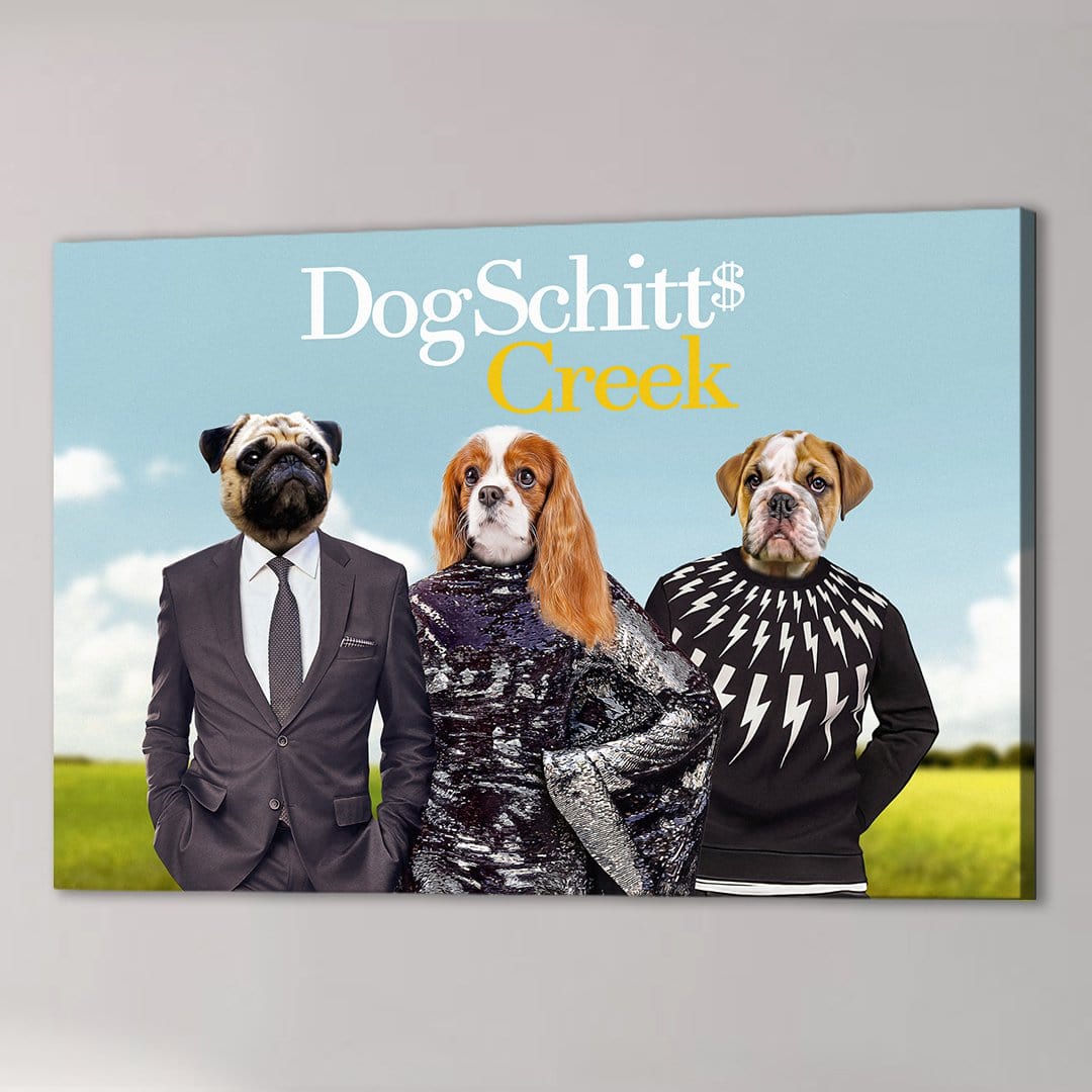 Personalized "DogSchitt's Creek" canvas featuring three pets dressed in human clothes, against a blue sky and green field.