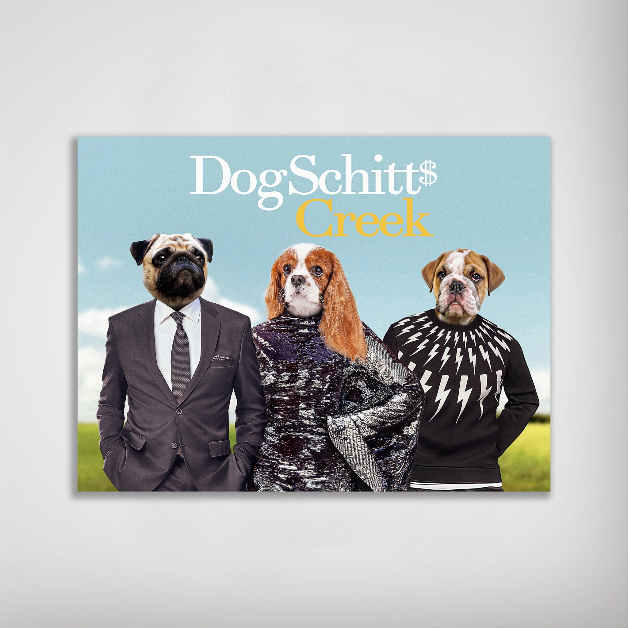 Personalized 'DogSchitt's Creek' poster featuring a pug in a suit, a Cavalier King Charles Spaniel in a sequin dress, and a bulldog in a lightning bolt sweater.