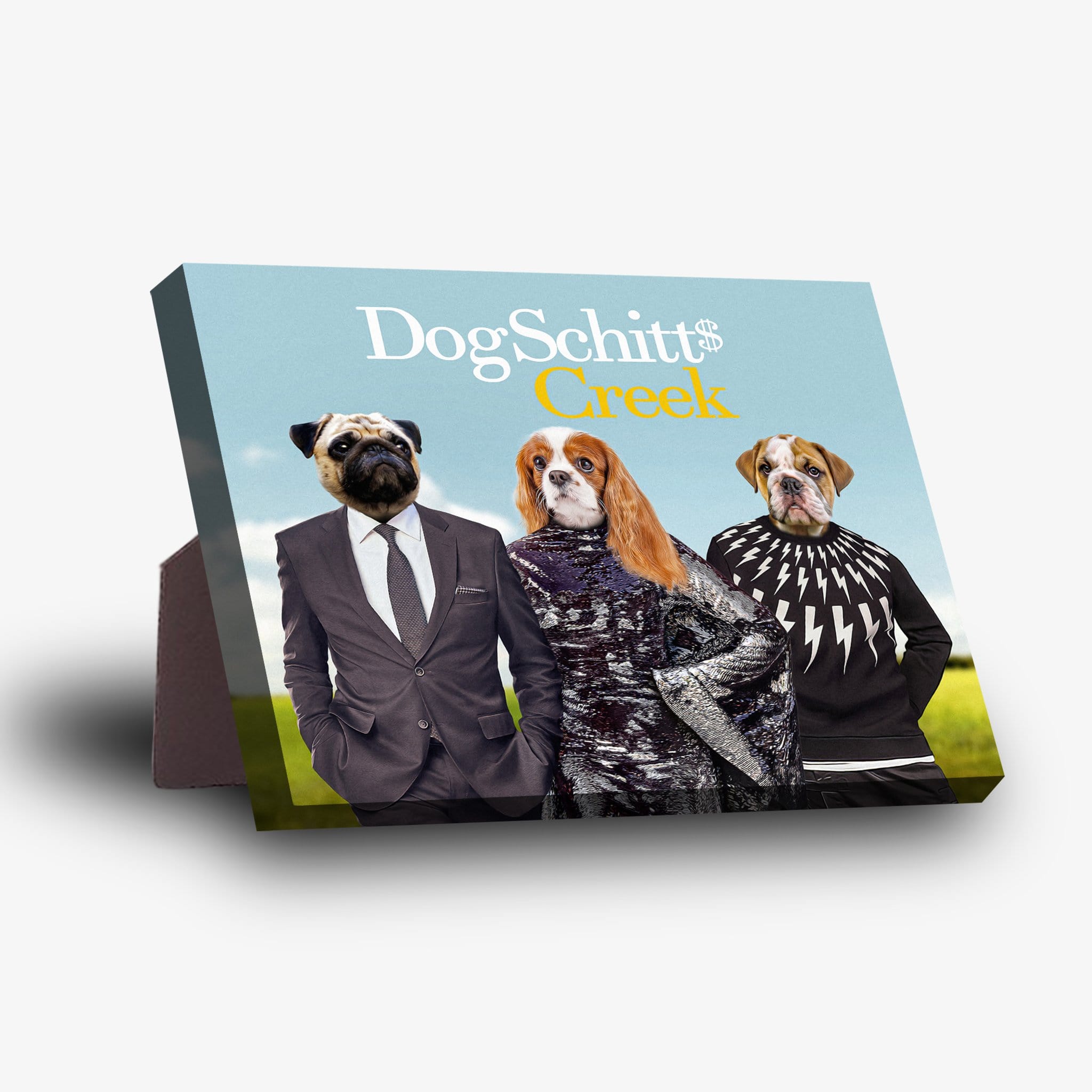 Personalized DogSchitt's Creek standing canvas featuring three pets in human clothes against a blue sky.