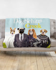 Personalized DogSchitt's Creek blanket featuring four custom pet portraits in human clothes.