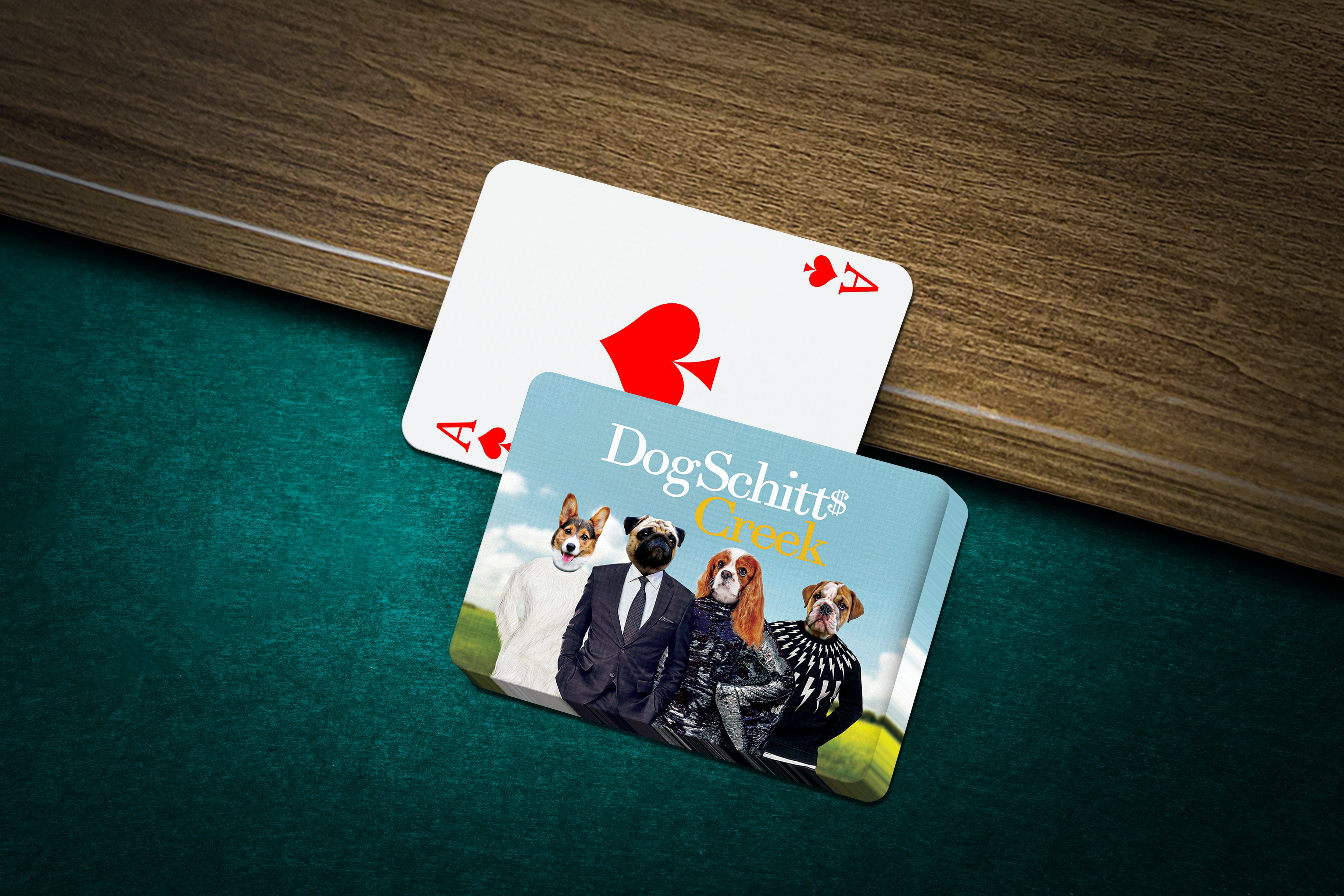 Personalized playing cards featuring four custom pet portraits in a "DogSchitt's Creek" theme.