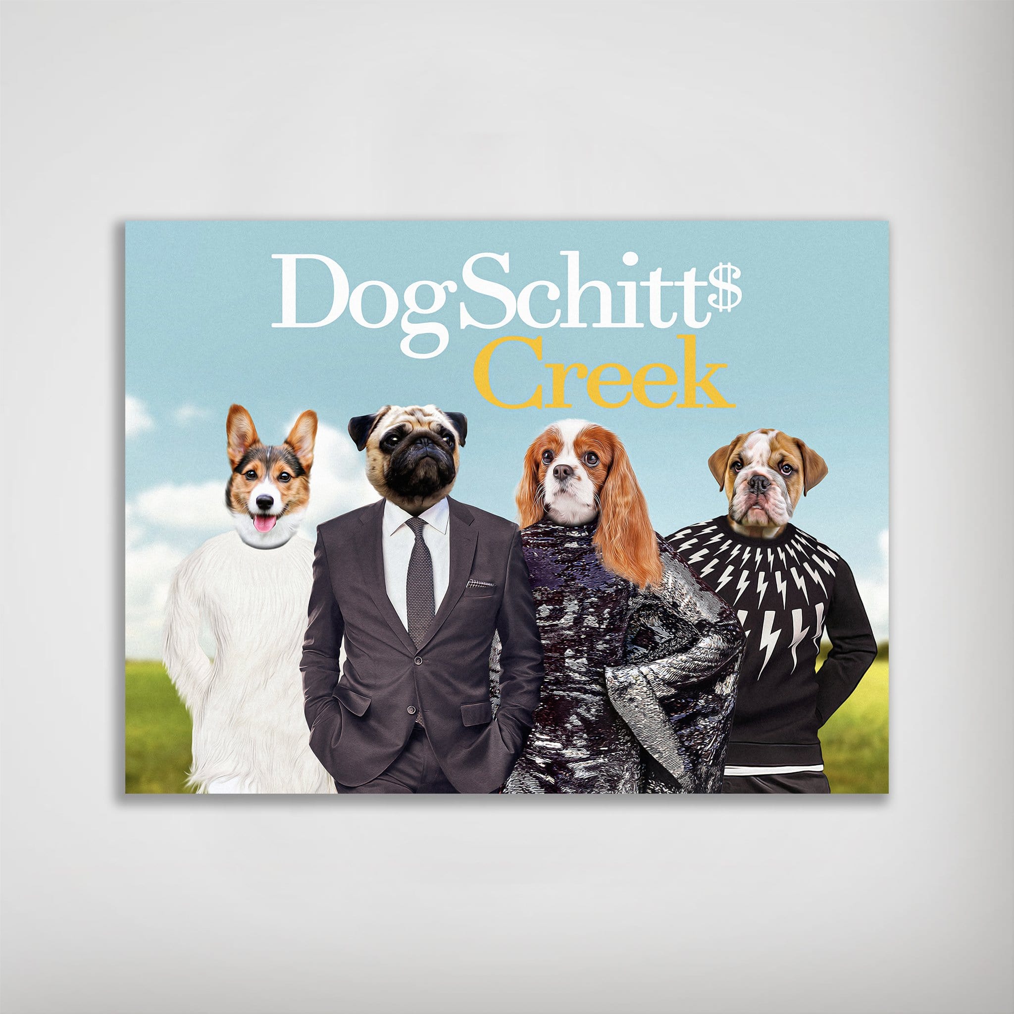 Personalized 'DogSchitt's Creek' poster featuring four pets in human clothing against a blue sky.