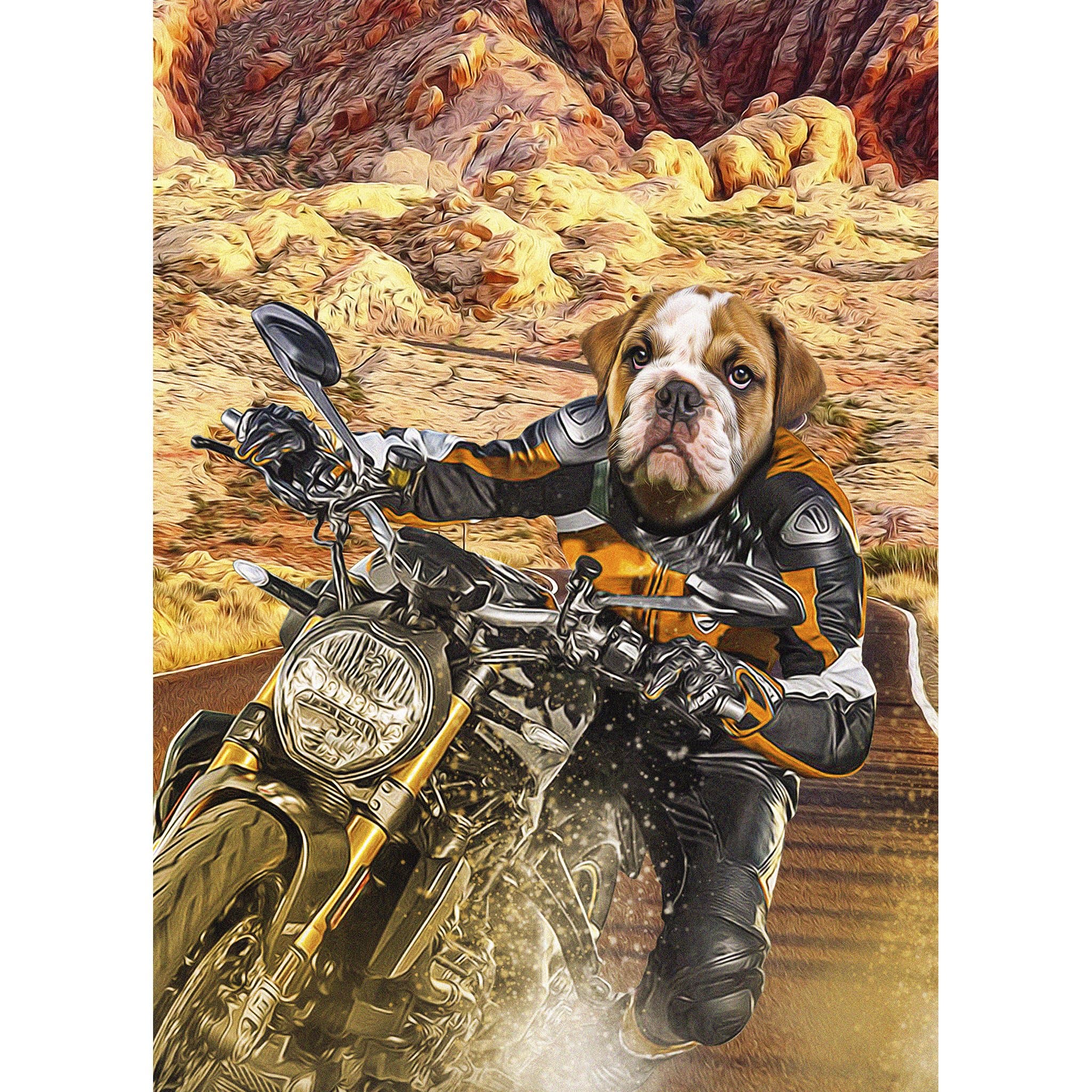 Custom digital portrait of a bulldog pet riding a motorcycle in a desert landscape.