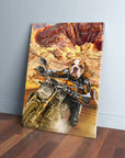 Personalized canvas featuring a bulldog's head on a biker riding a motorcycle through a desert landscape.