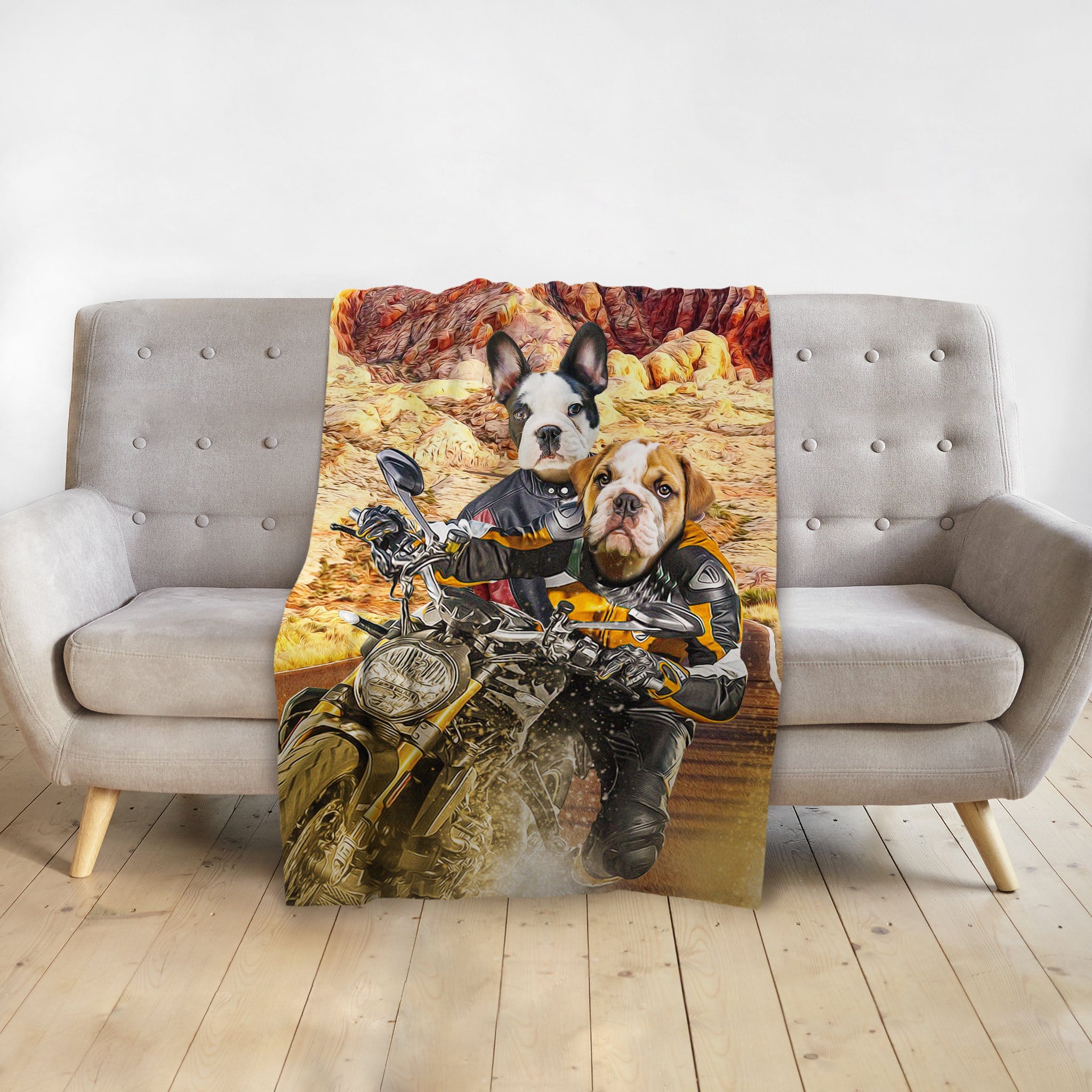 Personalized pet blanket with two dogs in motorcycle gear riding a bike, desert background.