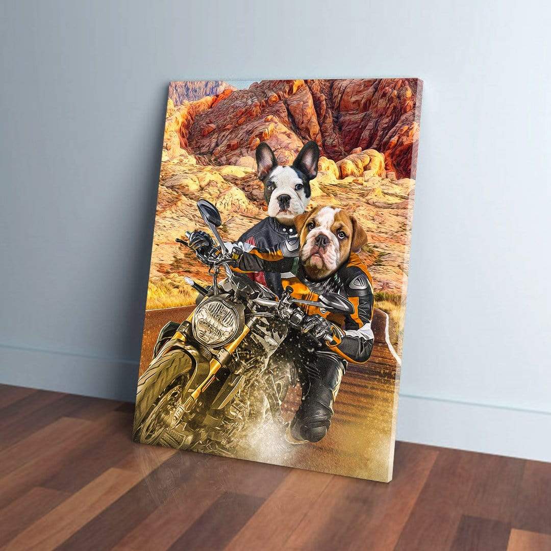 Personalized 2 pet canvas featuring a French Bulldog and English Bulldog riding a motorcycle through a desert landscape.