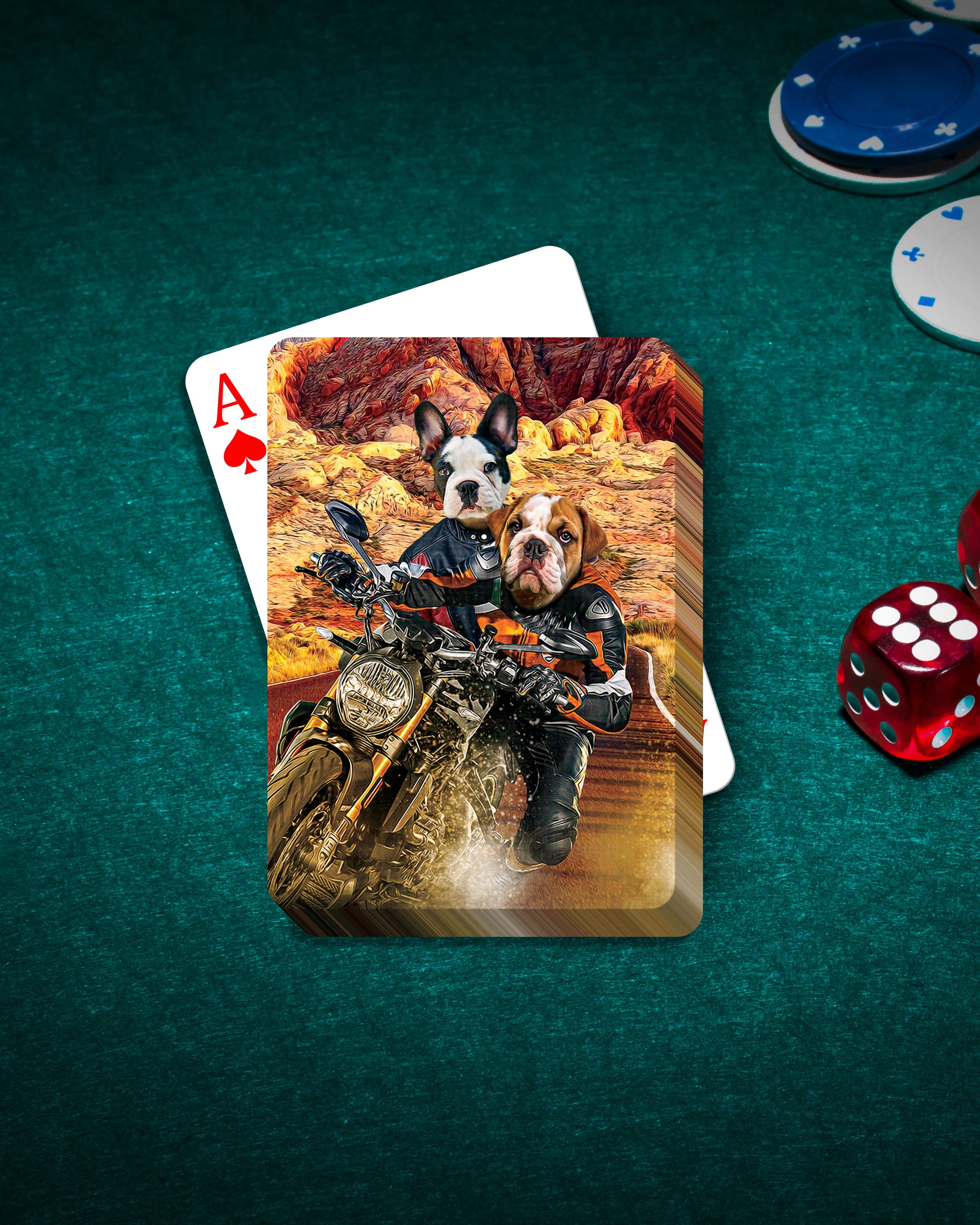 Personalized playing cards featuring two dogs in motorcycle gear on a custom "Dogati Riders" design.